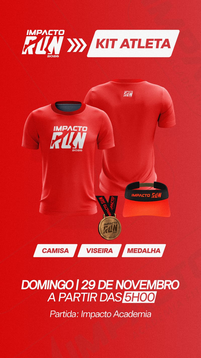 Kit atleta da 2ª Impacto Run: camisa vermelha, viseira e medalha.